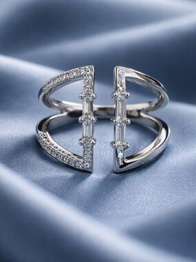 Open Baguette and Pavé Accent Ring in Silver